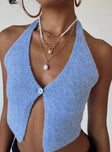 Front view of model wearing  front Princess Polly Sleeveless Scoop Neck  Waterbell Top Blue