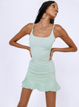 Front view of model wearing  front Princess Polly Square Neck  Kiribati Mini Dress Sage