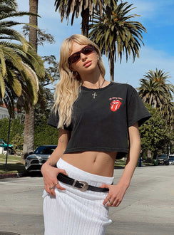 Front view of model wearing  front Princess Polly  Rolling Stones Many Tongues Crop Tee Black