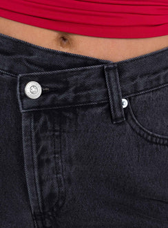 product Princess Polly High Waisted  Holly Asymmetric Straight Leg Jean Black Denim Petite