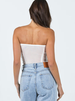 back view of model wearing Princess Polly Radu Strapless Bodysuit White Sleeveless Sweetheart 