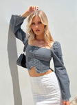 Front view of model wearing  front Princess Polly Full Sleeves High Neck  Silvanna Long Sleeve Top Blue