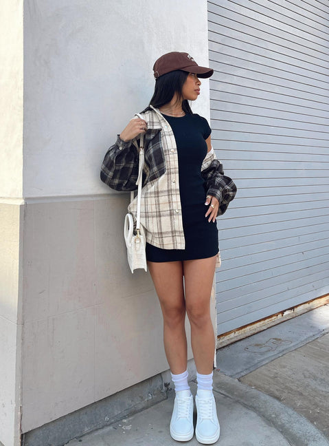 Front view of model wearing  front Princess Polly Short Sleeves High Neck  Myley Shirt Brown