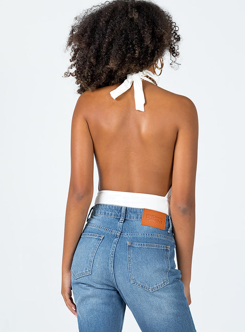 back view of model wearing Princess Polly Allie Halter Bodysuit White Sleeveless High Neck 