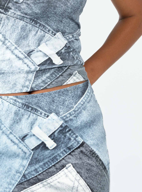 back view of model wearing Princess Polly Motel Tiona Top Denim Pocket Blue Short Sleeves High Neck 