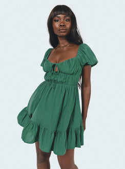 Front view of model wearing  front Princess Polly Asymmetric Neckline  Jacquie Mini Dress Green