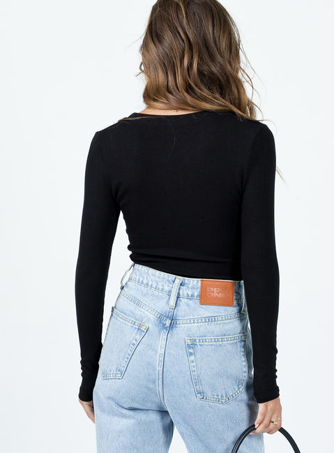 back view of model wearing Princess Polly Swenson Long Sleeve Bodysuit Black Full Sleeves Scoop Neck 
