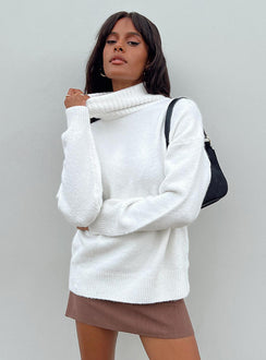 side view of model wearing Princess Polly Oswin Turtleneck Sweater White Long 