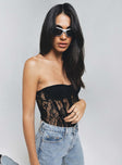 side view of model wearing Princess Polly Rafferty Strapless Bodysuit Black Sleeveless Sweetheart 