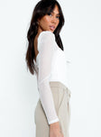 side view of model wearing Princess Polly Sussock Long Sleeve Bodysuit White Full Sleeves Square Neck 