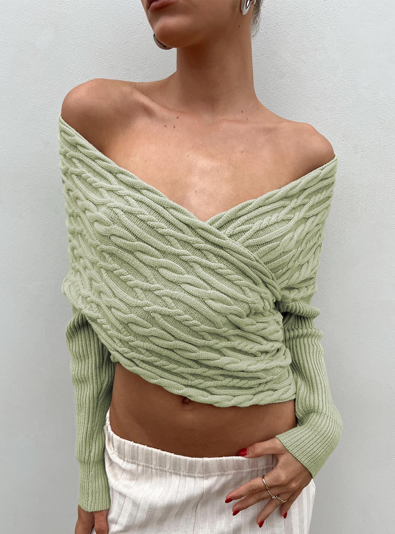 Tamas Wrap Front Sweater Sage Princess Polly  Cropped 