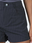 Shorts Pinstripe print Belt looped waist Zip & button fastening Twin hip pockets