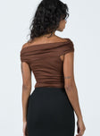 back view of model wearing Princess Polly Stocklin Off Shoulder Bodysuit Chocolate Short Sleeves straight 