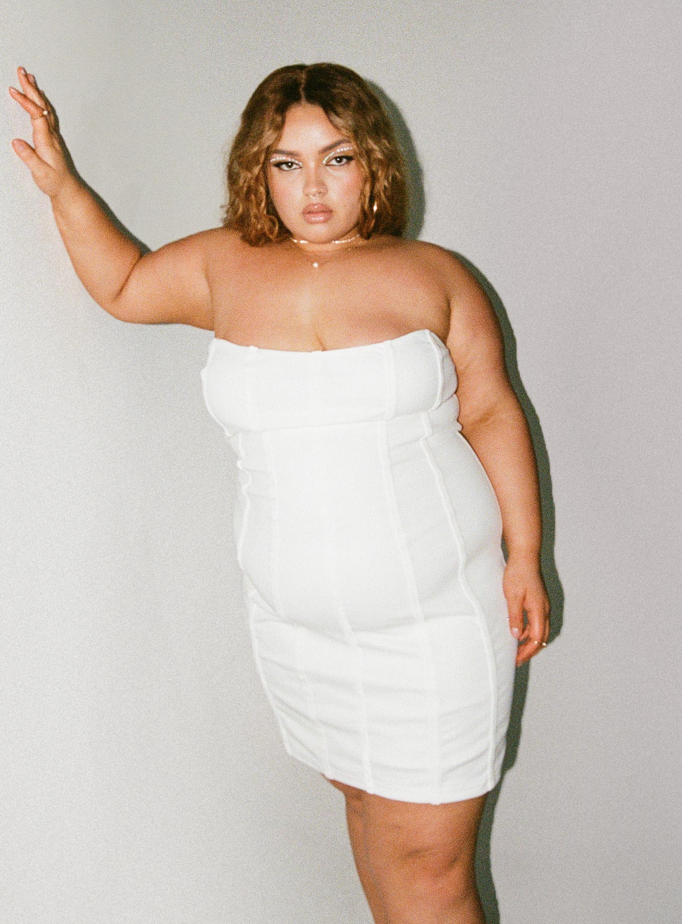 Front view of model wearing  front Princess Polly Square Neck  Tristian Mini Dress White Curve