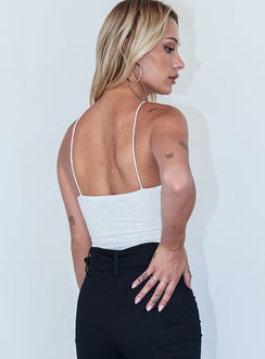 back view of model wearing Princess Polly Morgan Bodysuit White Sleeveless Asymmetric Neckline 