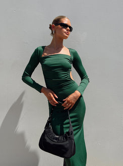 Front view of model wearing  front Princess Polly Crew Neck  Esplin Long Sleeve Midi Dress Green