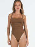 front view of model wearing Princess Polly Stasey Bodysuit Brown Sleeveless Cowl 