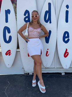 front view of model wearing Princess Polly Casper Top Pink Sleeveless Sweetheart 