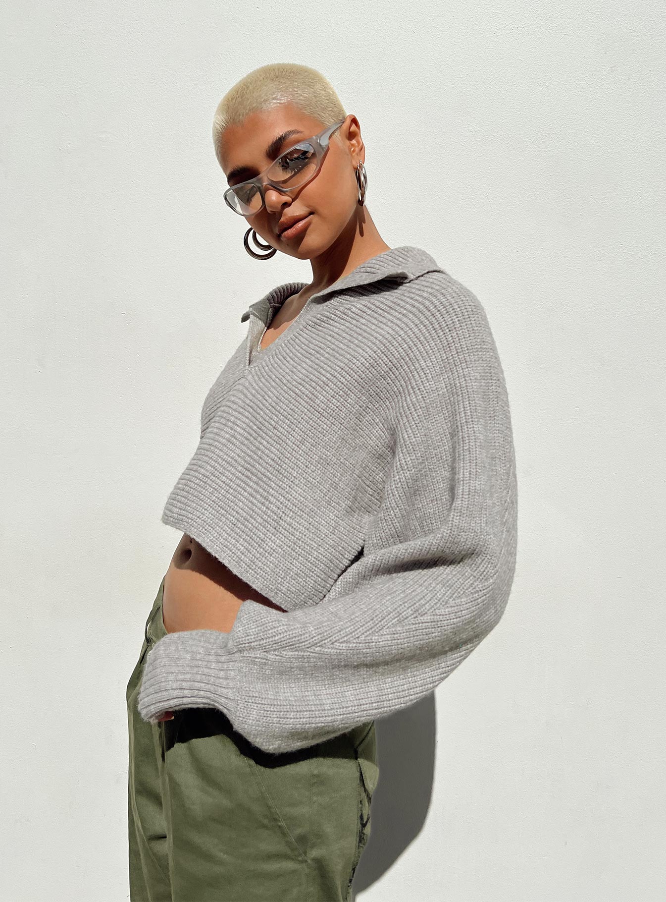 side view of model wearing Princess Polly Tiara Cropped Sweater Grey Cropped 