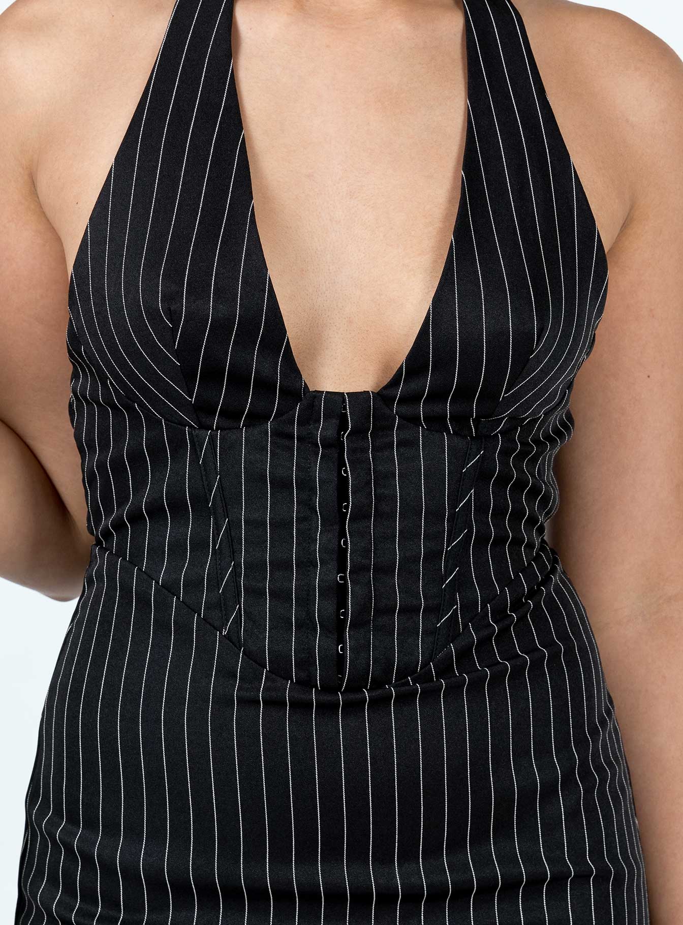 back view of model wearing Princess Polly Hickson Mini Dress Black Pinstripe Plunger 