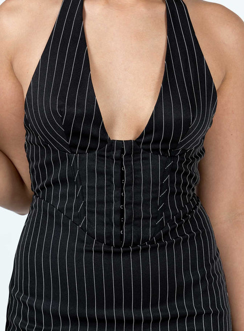 back view of model wearing Princess Polly Hickson Mini Dress Black Pinstripe Plunger 