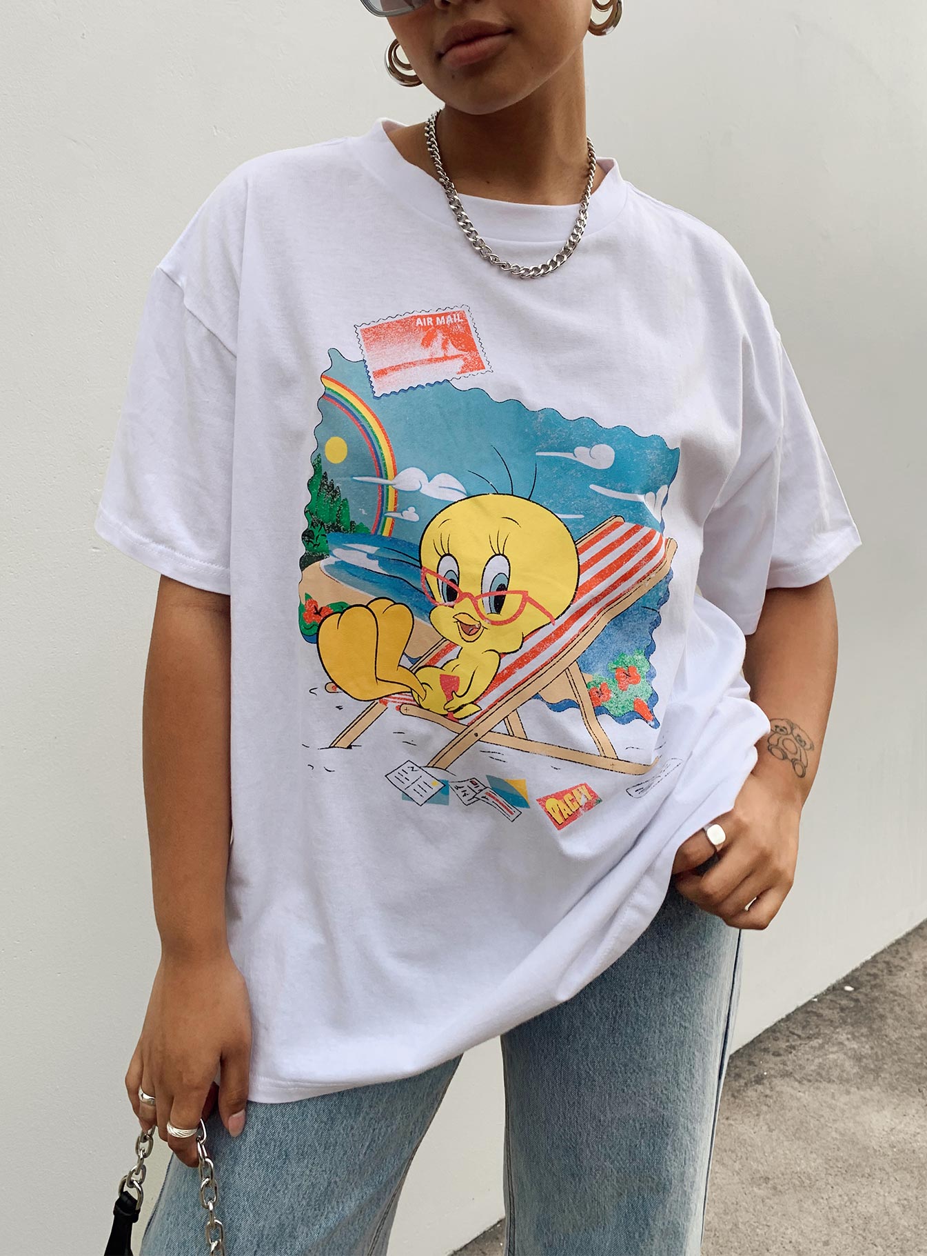front view of model wearing Princess Polly Tweety Post Card Vacation Oversized Tee White Short Sleeve Crew Neck 
