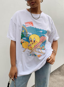 front view of model wearing Princess Polly Tweety Post Card Vacation Oversized Tee White Short Sleeve Crew Neck 