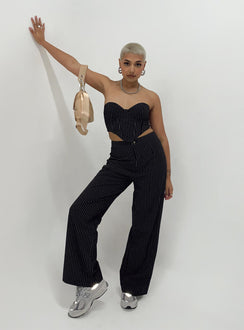 Matching set Pinstripe print  Strapless corset top  Wired cups  Boning throughout  Inner silicone strip at bust  Zip fastening at back  High waisted pants  Zip & button fastening  Wide leg  Non-stretch Lined top 