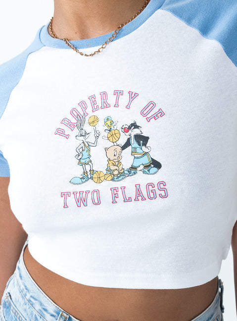 back view of model wearing Princess Polly Looney Tunes Two Flags Cropped Tee White / Blue Short Sleeves Crew Neck 