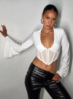 Front view of model wearing  front Princess Polly Full Sleeves Plunger  Sherwin Long Sleeve Top White