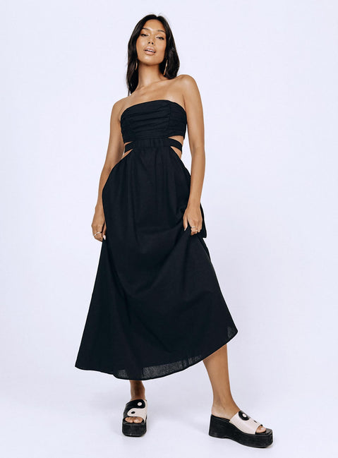 Front view of model wearing  front Princess Polly Asymmetric Neckline  Kat Maxi Dress Black