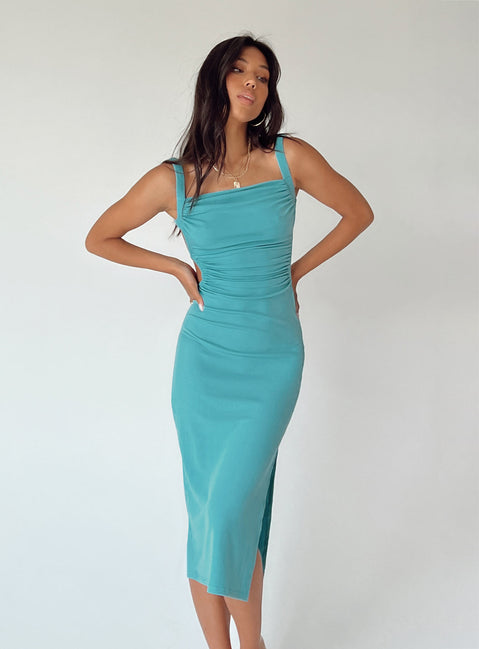 Front view of model wearing  front Princess Polly Asymmetric Neckline  Lainey Midi Dress Blue