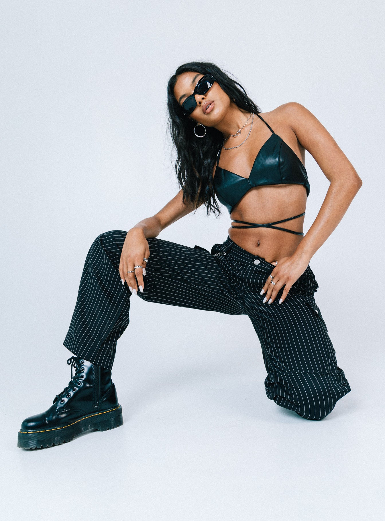 front view of model wearing Princess Polly Boyd Pinstripe Cargo Pants Black 