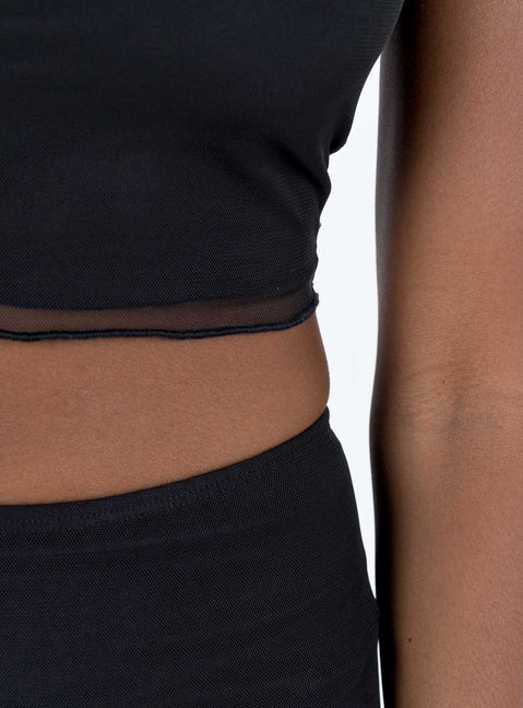 Black matching set Mesh material Strapless top Inner silicone trip at bust Maxi skirt Thin elasticated waistband Lettuce edge hem