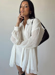 Front view of model wearing  front Princess Polly High Neck  Tune In Shirt Dress White