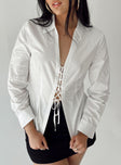 Front view of model wearing  front Princess Polly Full Sleeves V-Neck  Bicton Shirt White