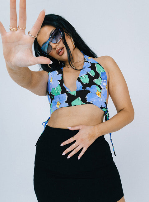 back view of model wearing Princess Polly Meadowbank Top Black / Blue Sleeveless V-Neck 