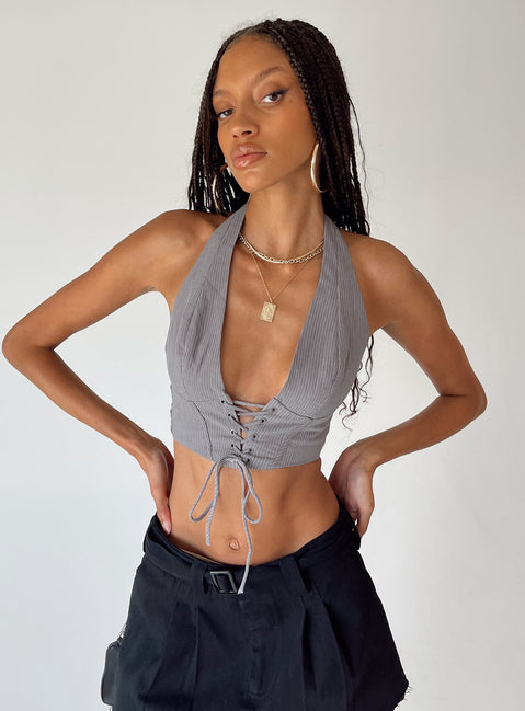 Front view of model wearing  front Princess Polly Sleeveless Scoop Neck  Adkins Top Grey