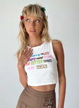 Front view of model wearing  front Princess Polly Sleeveless Crew Neck  Better Things Tank Top White