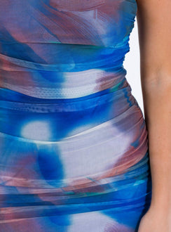 Front view of model wearing  front Princess Polly Plunger  Micah Mini Dress Blue Multi