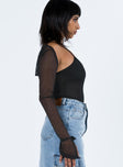 side view of model wearing Princess Polly Archo Mesh Bodysuit Black Full Sleeves Scoop Neck 