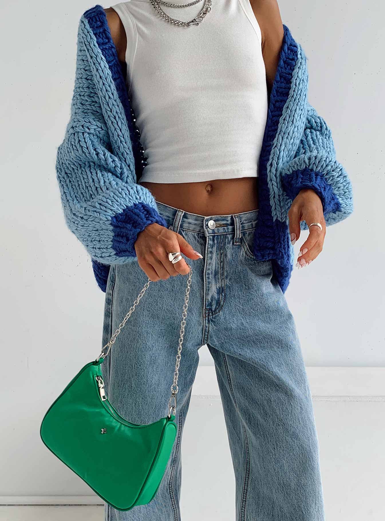 Front view of model wearing  front Lester Knit Cardigan Blue Princess Polly  Cropped 