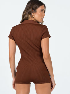 Playsuit Ribbed material  Classic collar  Cap sleeves  Zip front fastening  Short leg