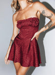 Front view of model wearing  front Princess Polly Square Neck  Lenette Mini Dress Burgundy