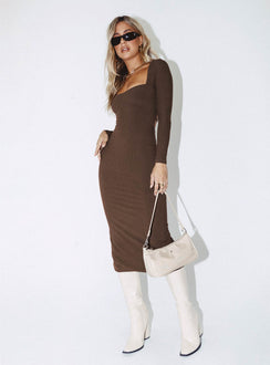 Front view of model wearing  front Princess Polly High Neck  Nolan Midi Dress Brown