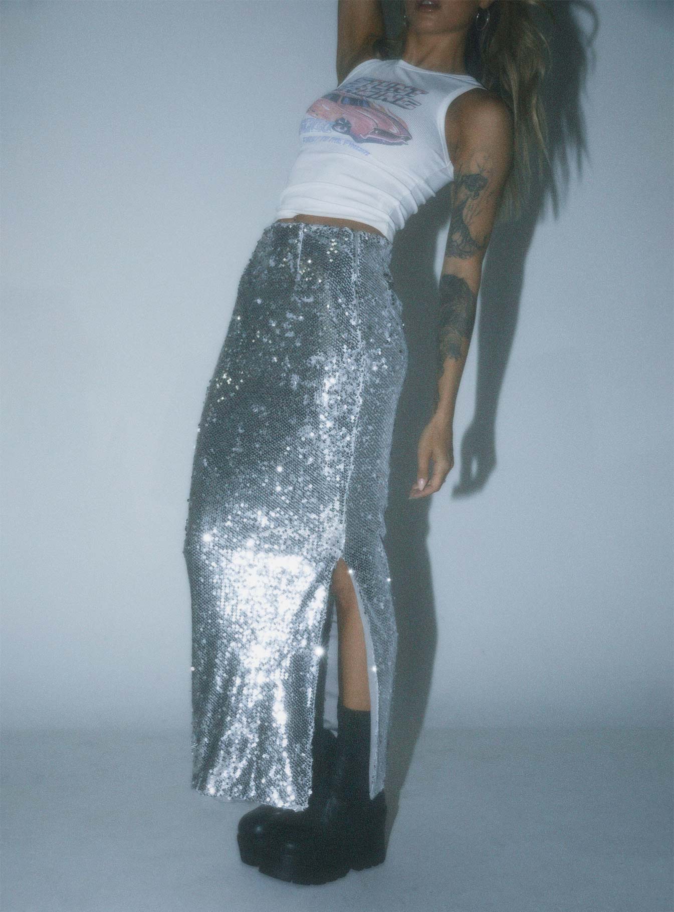 Front view of model wearing  front Alyce Maxi Skirt Silver Princess Polly  Maxi 