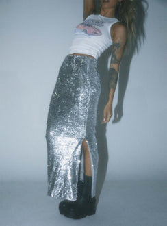 Front view of model wearing  front Alyce Maxi Skirt Silver Princess Polly  Maxi 