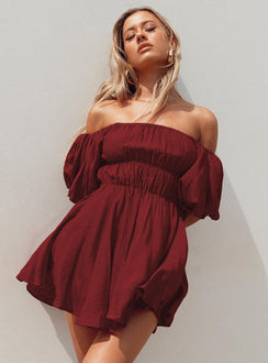 Front view of model wearing  front Princess Polly Square Neck  Halton Mini Dress Burgundy