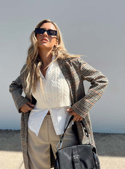 Coat Plaid print Lapel collar Button fastening at front Twin hip pockets Slit at back