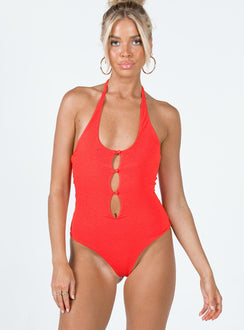 front view of model wearing Princess Polly Kallie Bodysuit Red Sleeveless Scoop Neck 